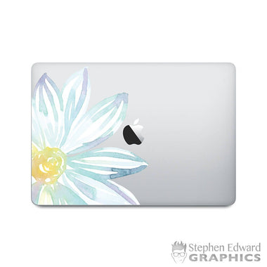 Watercolor flower painting laptop decal. blues and yellows.