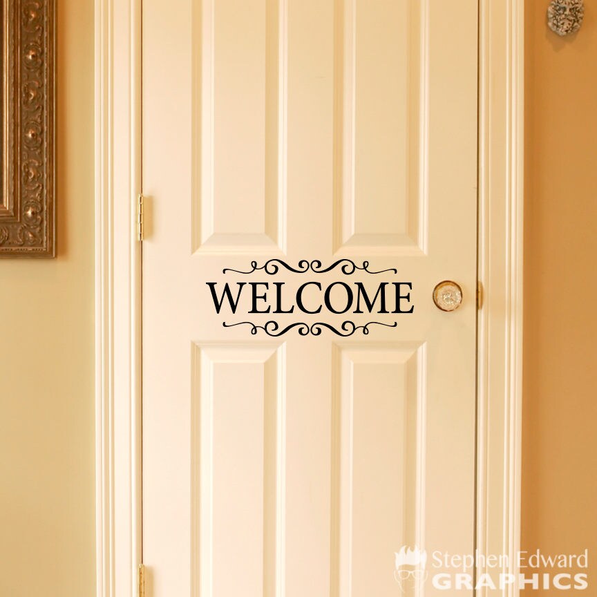 Welcome Decal - Welcome with scrolls Wall Decal - Door Sticker - Door Decor