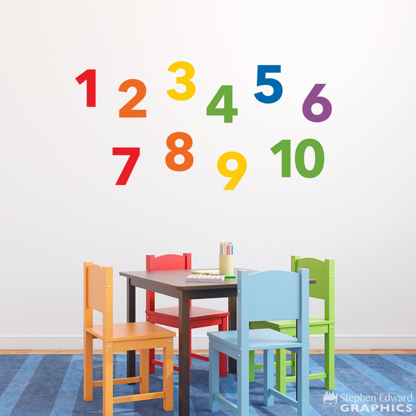 Number set 1-10 decals for children. Rainbow colors.