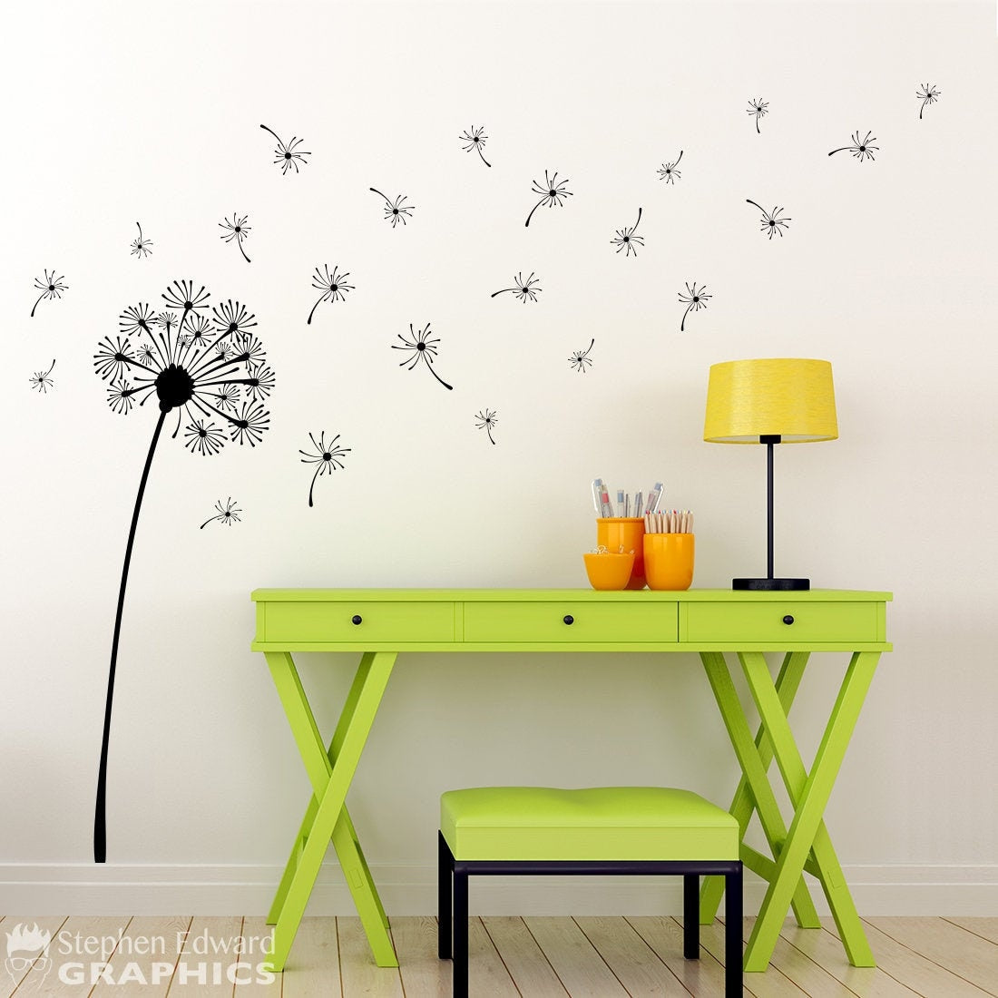 Dandelion Wall Decal | Single Dandelion with Seedlings blowing in the wind | Flower Decor