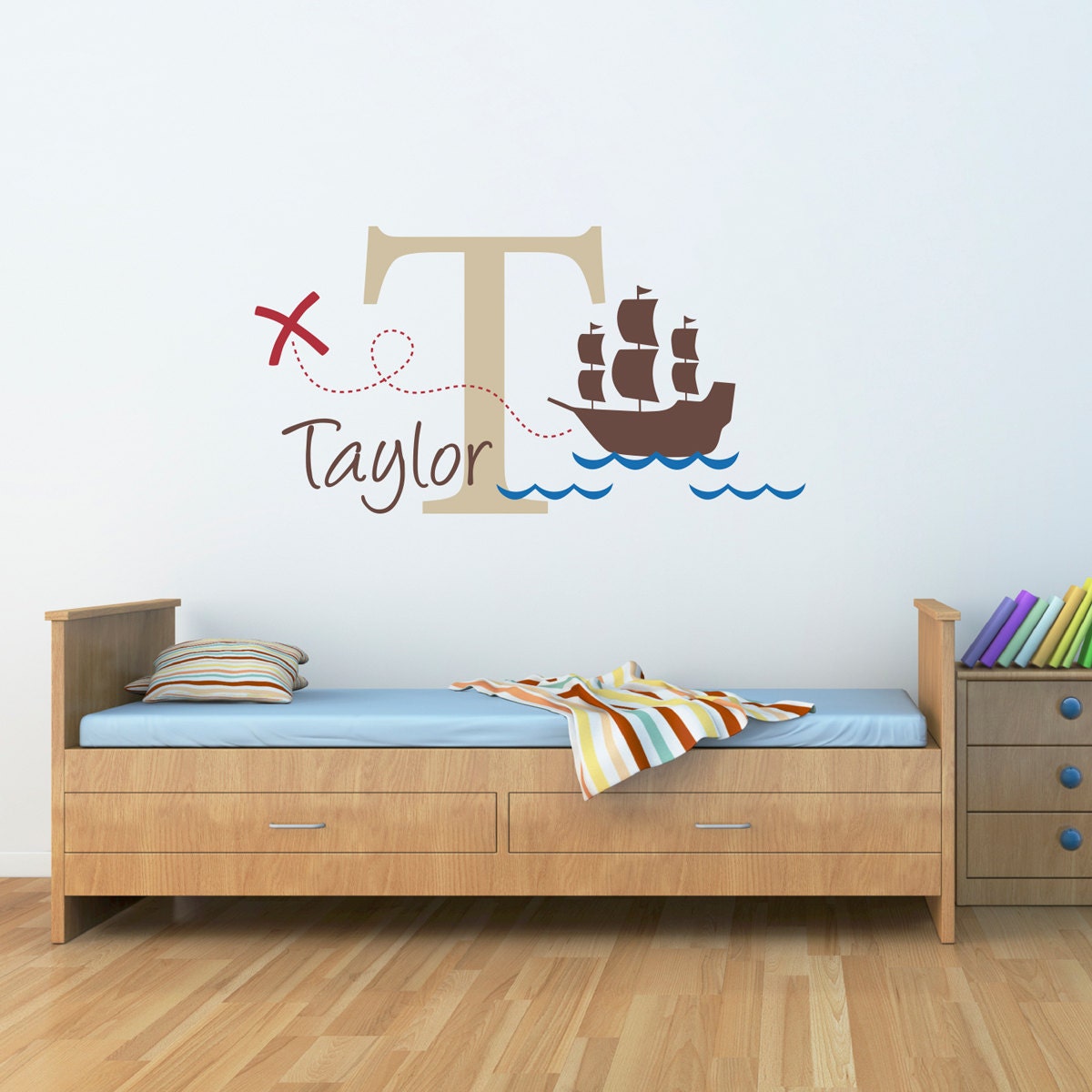 Personalized Pirate Ship Wall Decal set. Custom Name Decal.