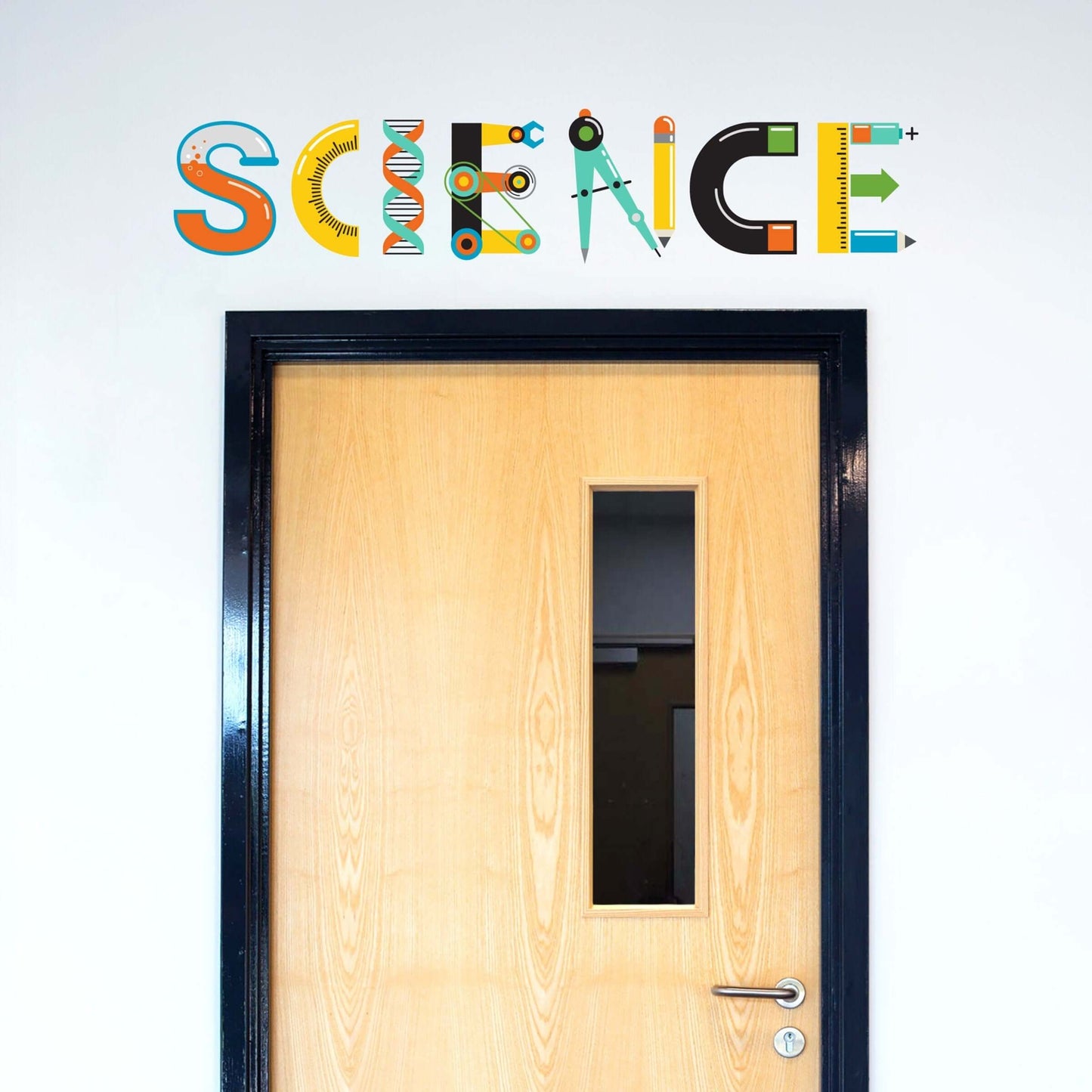 The word Science made up of graphics like a beaker, ruler, compass, pencil, etc. Wall decal for a classroom.