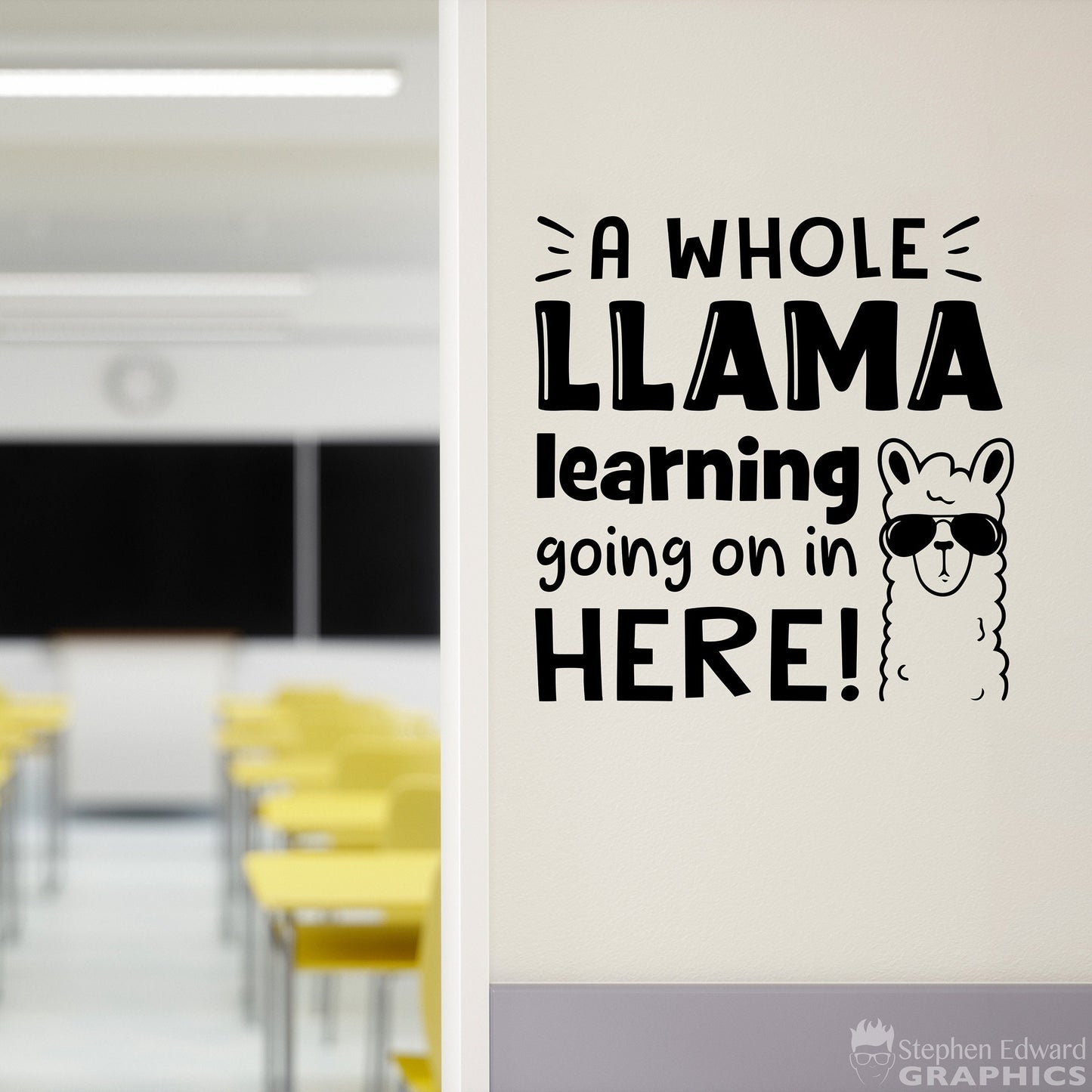 A whole llama learning going on in here Decal. Llama graphic with sunglasses on.