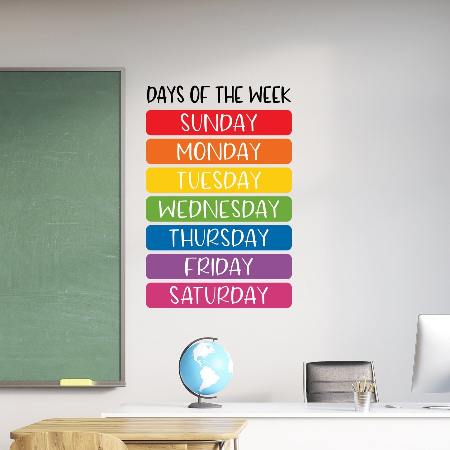 Days of the Week Wall Decal in Rainbow colors. Classroom Wall Art Decor.