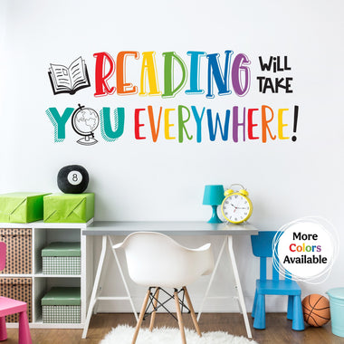 Reading will take you everywhere Wall Decal in rainbow colors. Teacher Wall Art Decor.