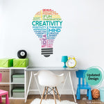 Creativity Word Cloud Wall Decal in the shape of a lightbulb. Rainbow colors. Classroom Decor. Art Teacher Wall Art.