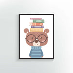 Reading Bear Poster or Print. Bear wearing glasses with books on their head. Animal Decor.