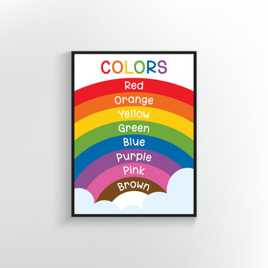 Colors Poster. Naming the colors: Red, orange, yellow, green, blue, purple, pink, brown. Classroom or Homeschool wall art.