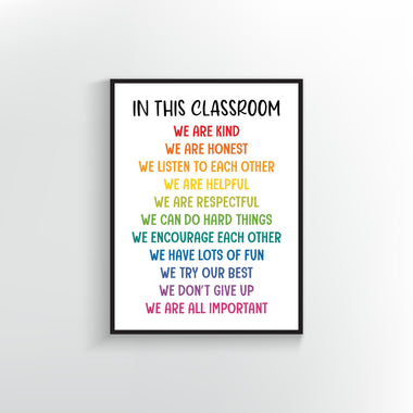 In this classroom poster. We are kind, we are respectful, we try our best, we are all important. Classroom decor.