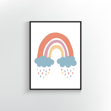 Rainbow with multiple colored raindrops Poster or Print.