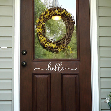 Hello Door Decal. Script font with flourish.