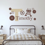 Personalized Robot Decal. Initial, boys name, robot, gears.