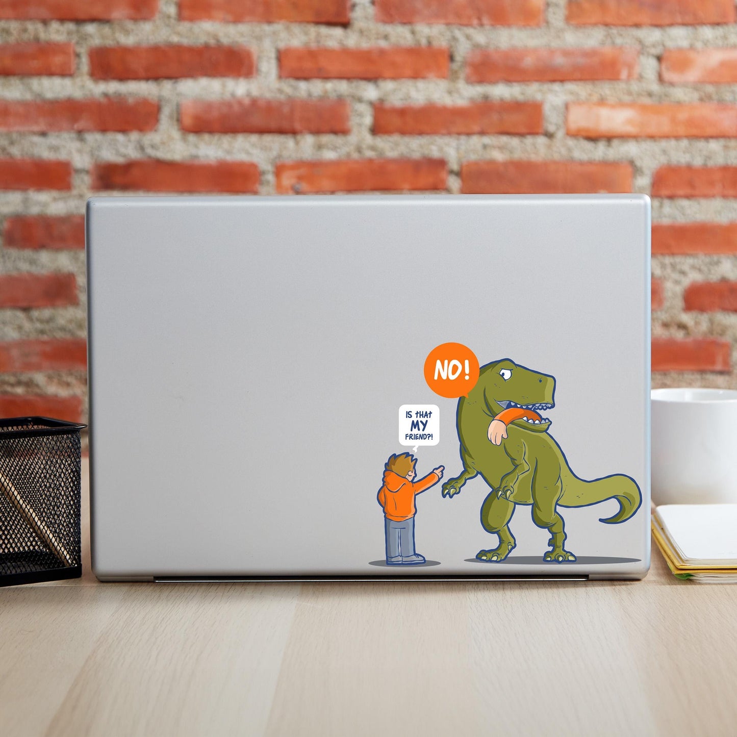 Dinosaur Eating Friend funny laptop decal.