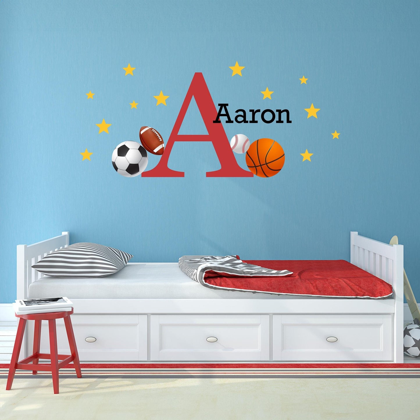 Sports Wall Decal Set. Personalized Name for boy&#39;s bedroom. Basketball, baseball, soccer, football.