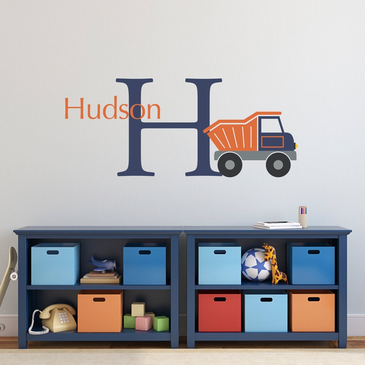 Dump Truck Wall Decal Set. Personalized Decor. Boy Bedroom Wall Art.