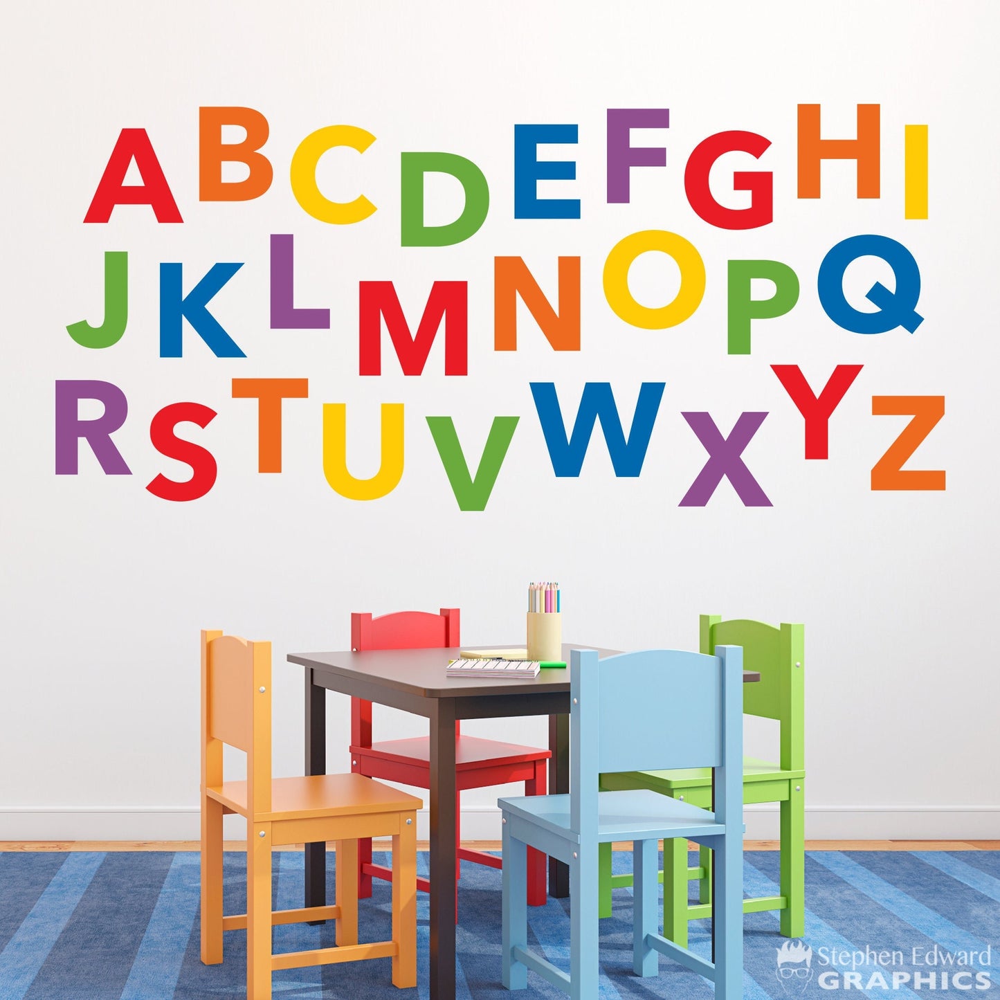 Alphabet wall decal set in rainbow colors.