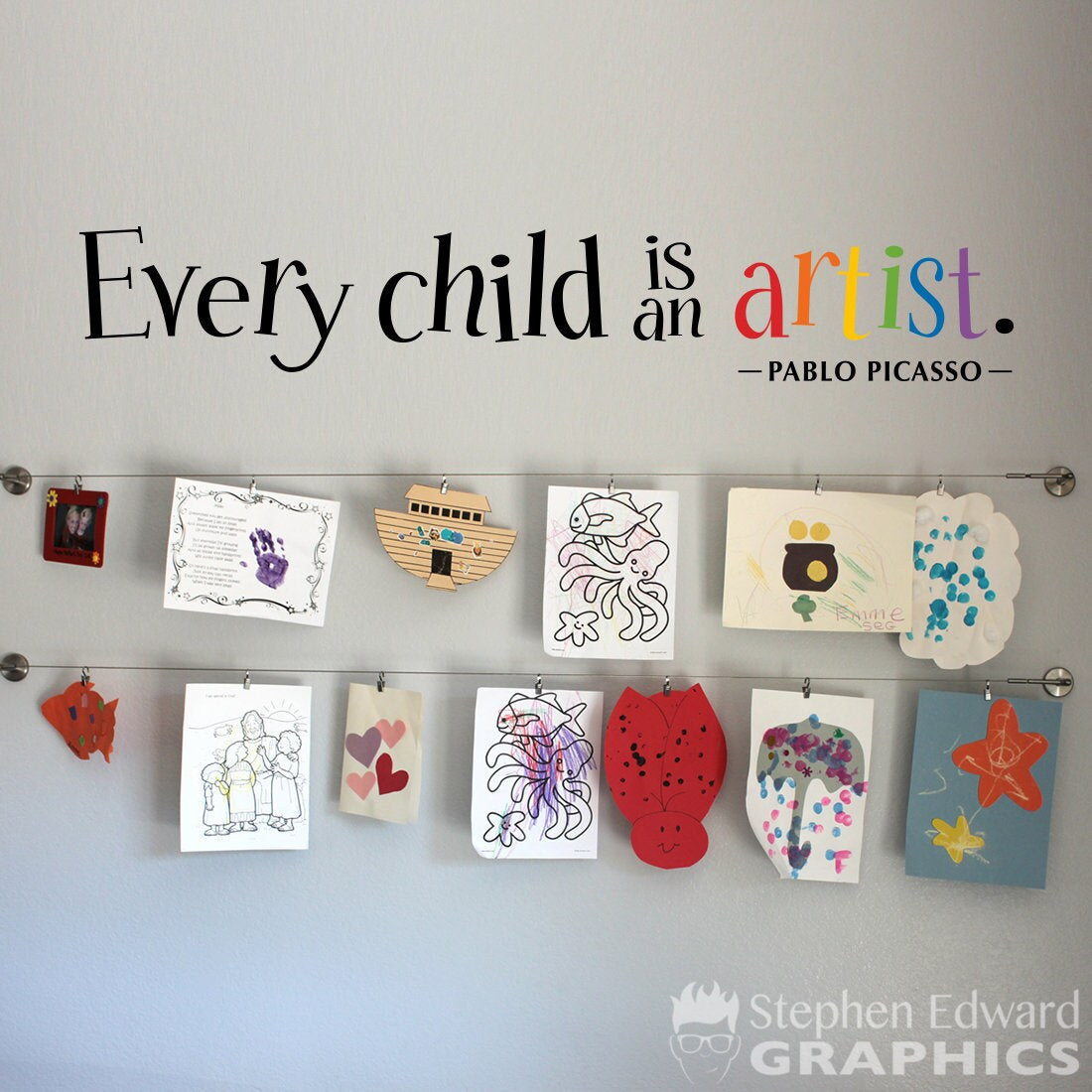 Every child is an artist Decal. Pablo Picasso quote. Children artwork display decor.