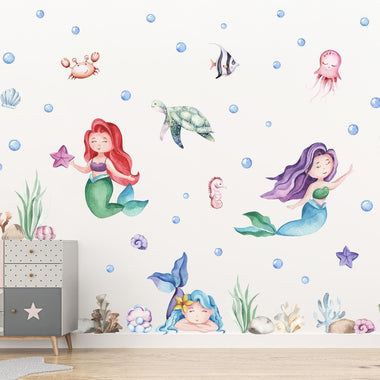 Mermaid Wall Decal Set with bubbles, coral, rocks, shells, seaweed, seahorse, turtle, jellyfish, crab, starfish and clams.