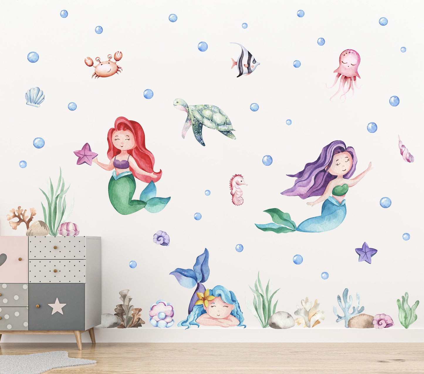 Mermaid Wall Decal Set with bubbles, coral, rocks, shells, seaweed, seahorse, turtle, jellyfish, crab, starfish and clams.