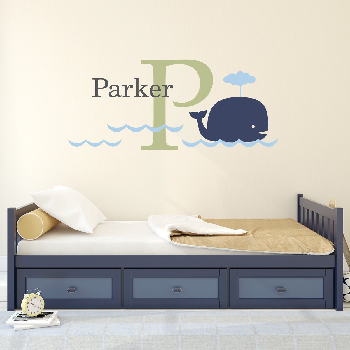 Personalized Whale Decal Set with an initial, name and waves.