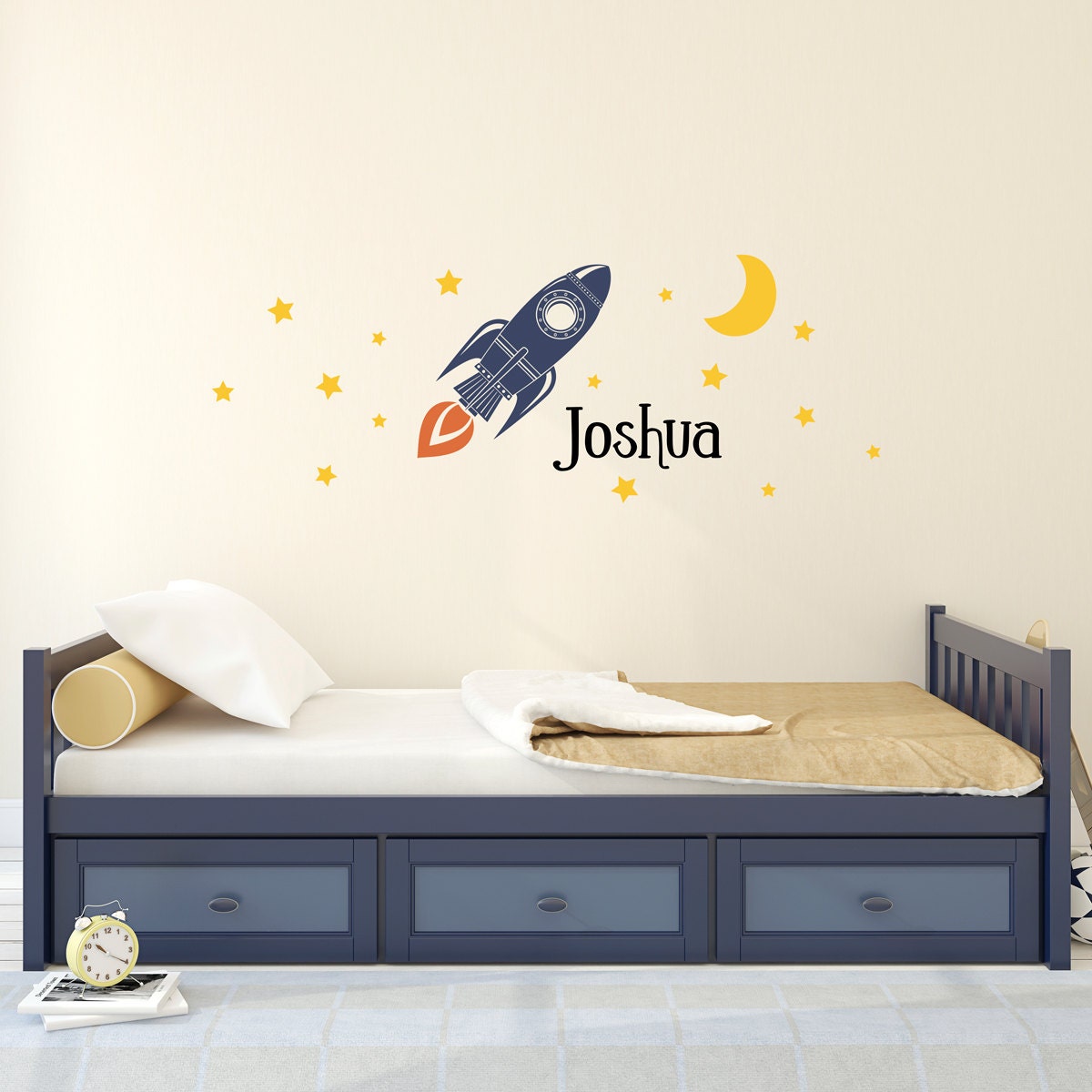 Space Wall Decal - Rocket Decal Set - Boys Name with Moon and Stars Wall Stickers - Bedroom Decor