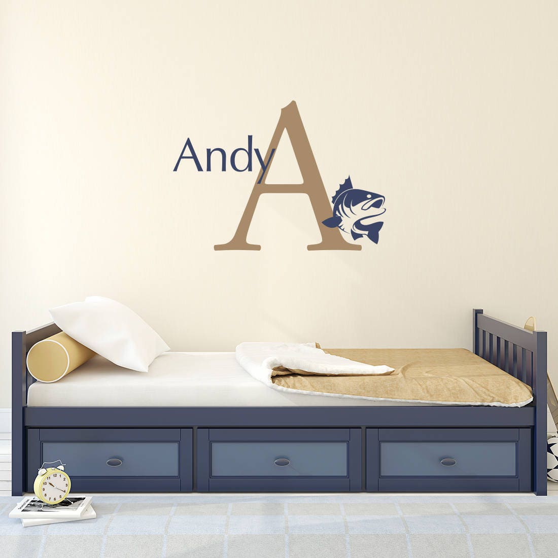 Initial Name Fish Decal Set - Bass Decal - Boy Bedroom Wall Art - Fishing Sticker - Large