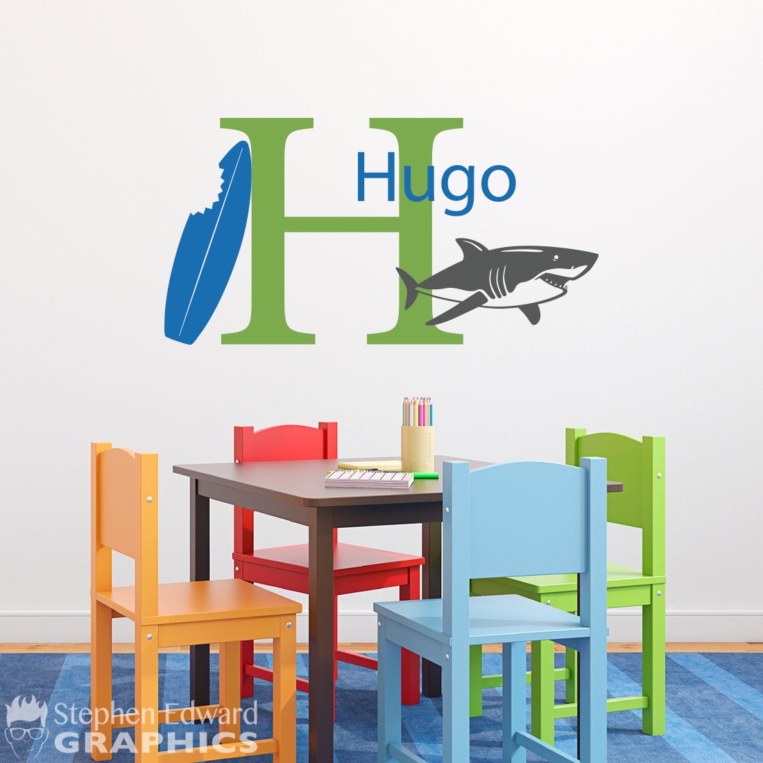 Shark Decal Set - Personalized Name Wall Decal with Initial - Boy Bedroom Wall Art - Medium