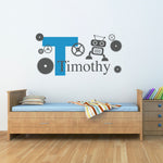 Initial with Boys Name Wall Decal - Robot & Gears Decal - Personalized Boy Decal - Large