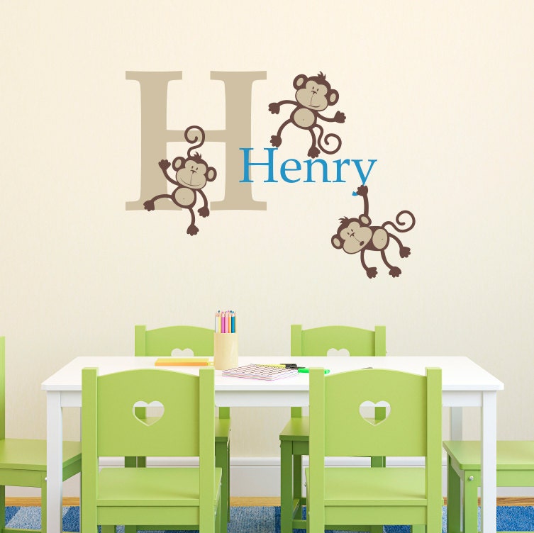 Boys Name Wall Decal with Monkey Set and Initial - Personalized Boy Decal - Medium