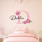 Name Decal with Initial and Flower - Hibiscus Flower Wall Decal - Personalized Girl Decal - Large