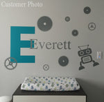 Initial with Boys Name Wall Decal - Robot & Gears Decal - Personalized Boy Decal - Large